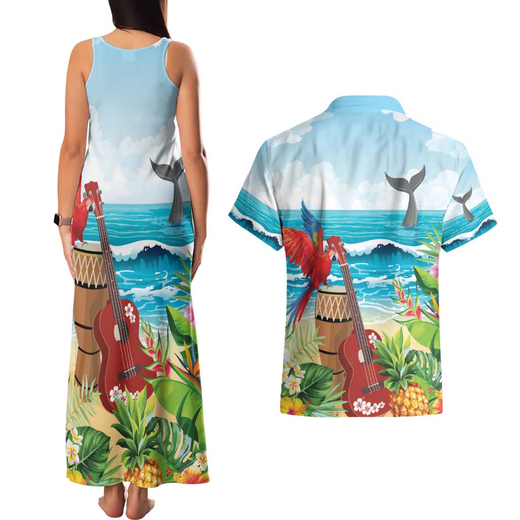 Aloha Honolulu Festival Couples Matching Tank Maxi Dress and Hawaiian Shirt Ukulele By The Shore