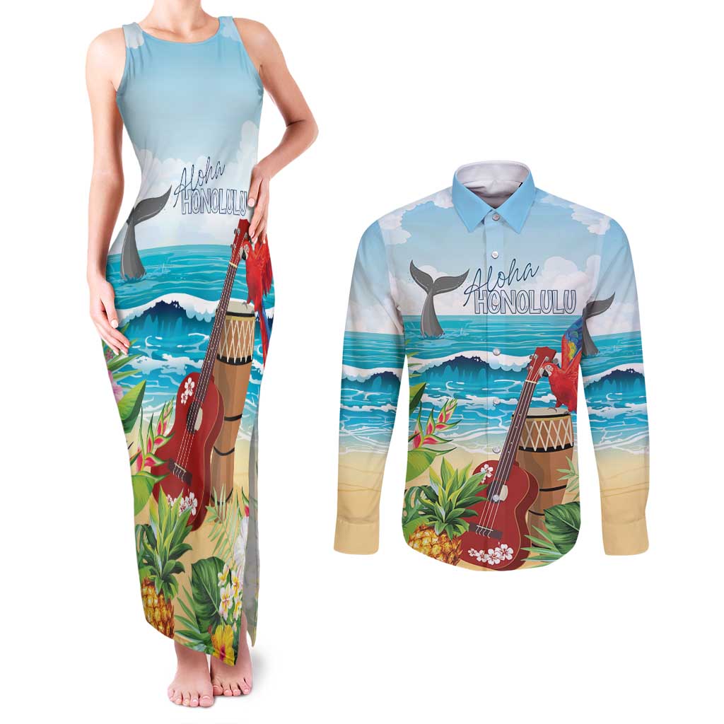 Aloha Honolulu Festival Couples Matching Tank Maxi Dress and Long Sleeve Button Shirt Ukulele By The Shore LT7 Art - Polynesian Pride