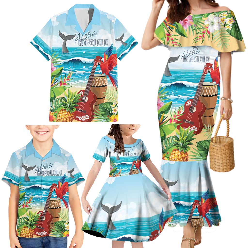 Aloha Honolulu Festival Family Matching Mermaid Dress and Hawaiian Shirt Ukulele By The Shore
