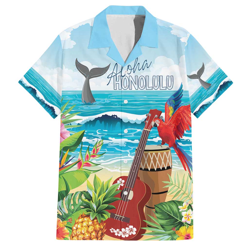 Aloha Honolulu Festival Family Matching Off Shoulder Maxi Dress and Hawaiian Shirt Ukulele By The Shore