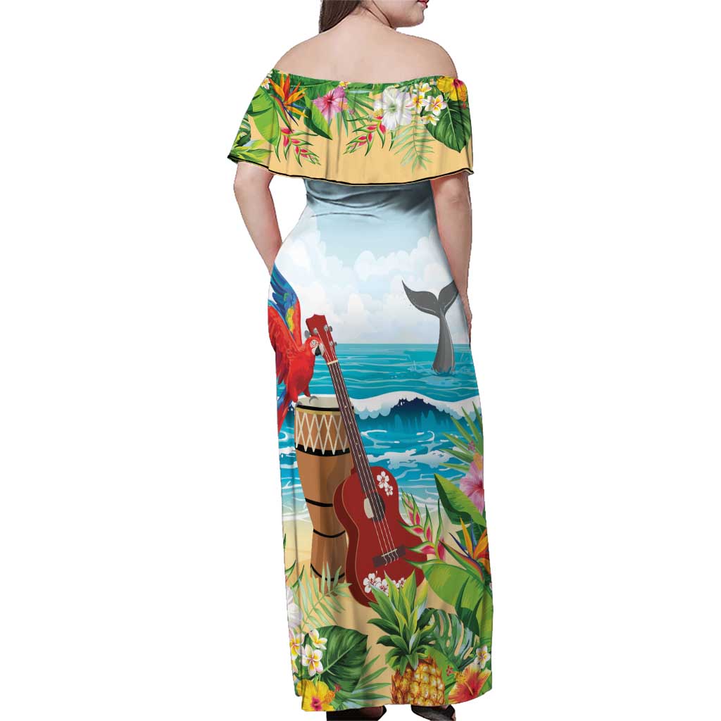 Aloha Honolulu Festival Family Matching Off Shoulder Maxi Dress and Hawaiian Shirt Ukulele By The Shore