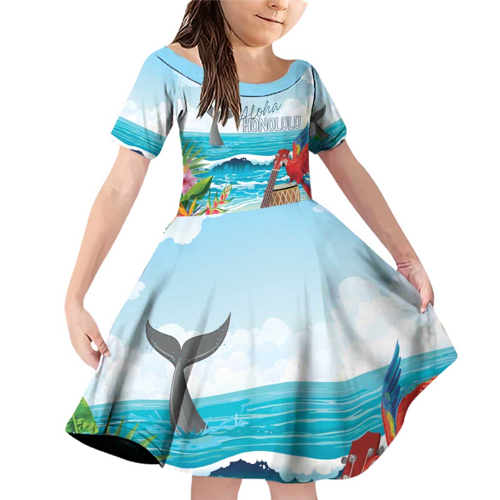 Aloha Honolulu Festival Family Matching Off Shoulder Short Dress and Hawaiian Shirt Ukulele By The Shore