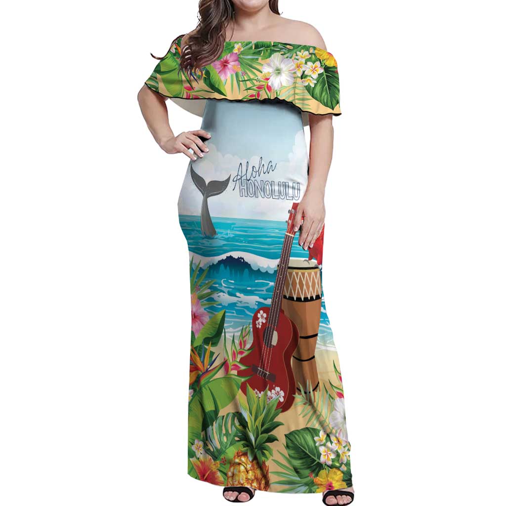 Aloha Honolulu Festival Off Shoulder Maxi Dress Ukulele By The Shore LT7 Women Art - Polynesian Pride