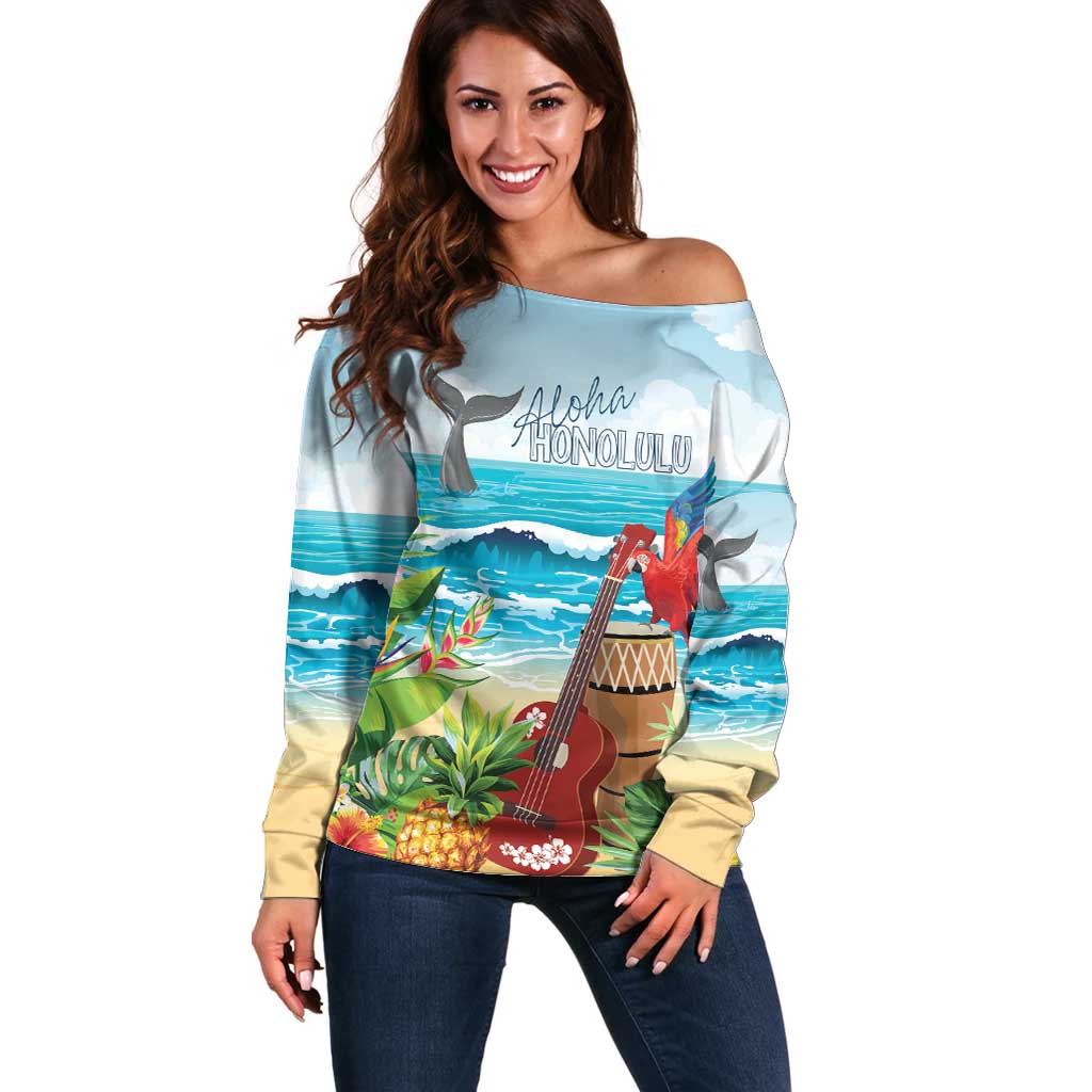 Aloha Honolulu Festival Off Shoulder Sweater Ukulele By The Shore