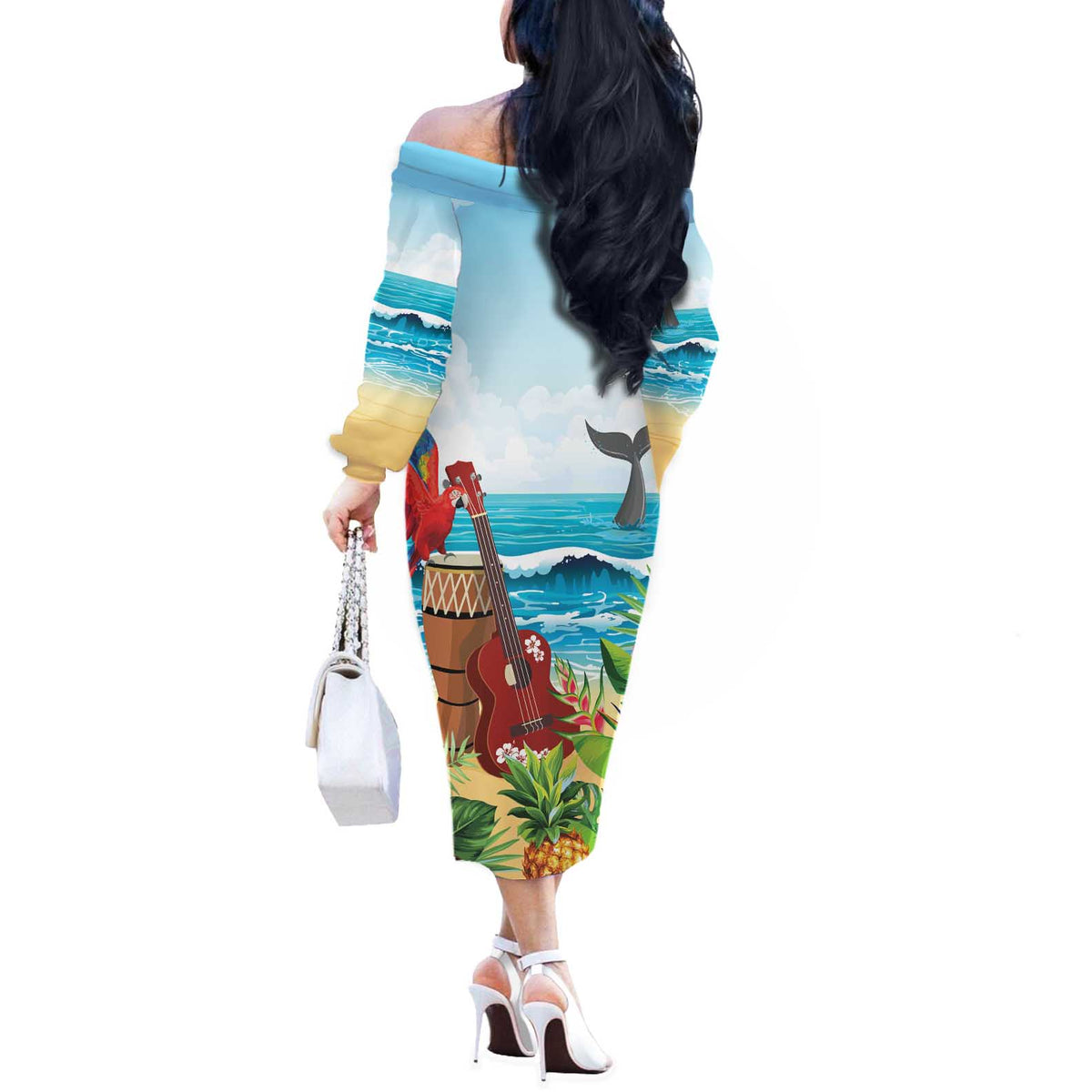 Aloha Honolulu Festival Off The Shoulder Long Sleeve Dress Ukulele By The Shore