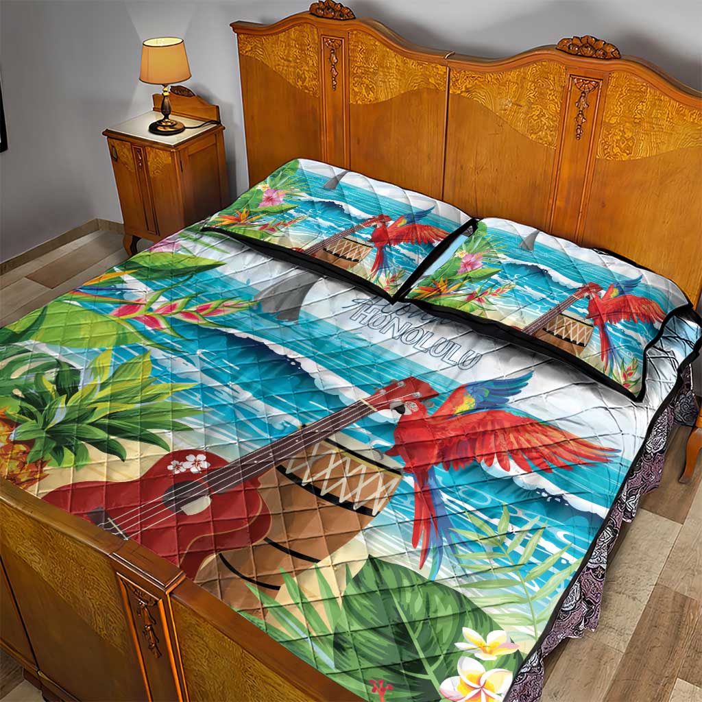 Aloha Honolulu Festival Quilt Bed Set Ukulele By The Shore