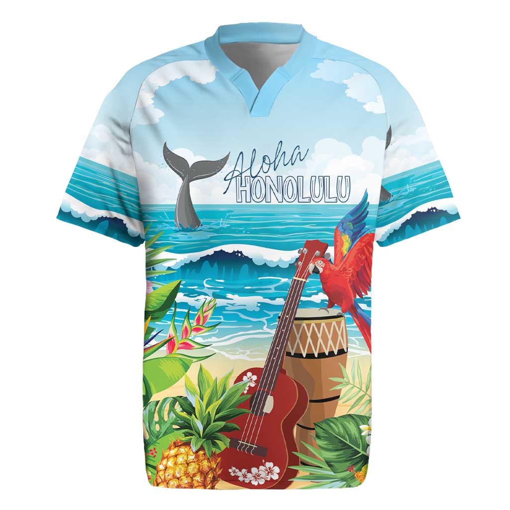 Aloha Honolulu Festival Rugby Jersey Ukulele By The Shore LT7 Art - Polynesian Pride