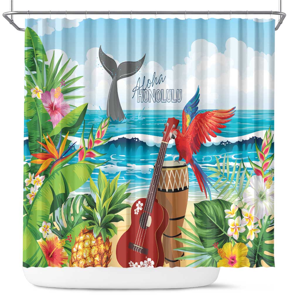Aloha Honolulu Festival Shower Curtain Ukulele By The Shore