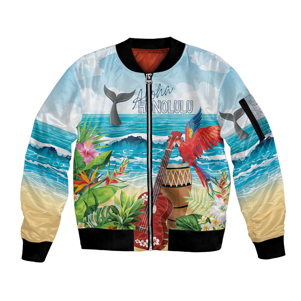 Aloha Honolulu Festival Sleeve Zip Bomber Jacket Ukulele By The Shore