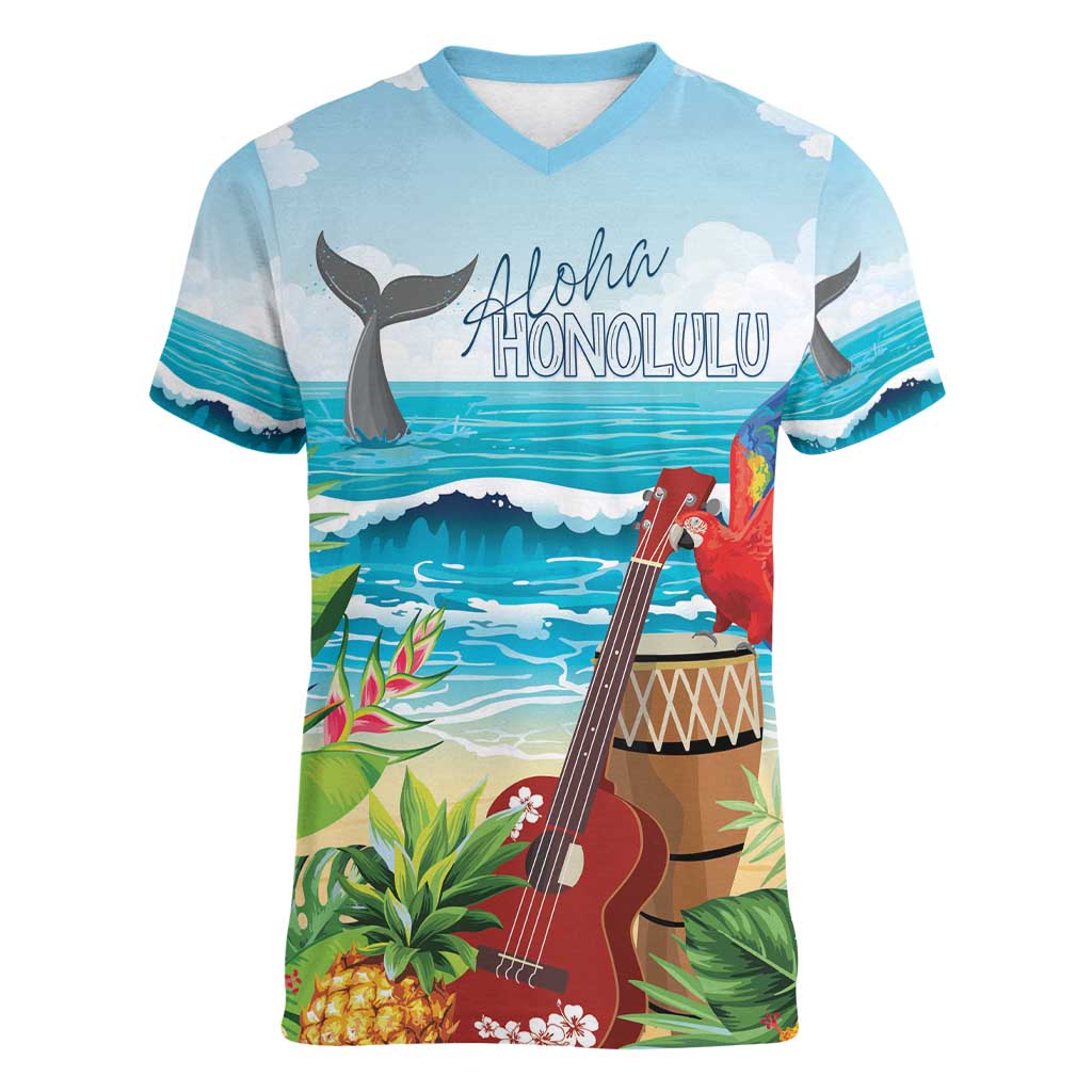 Aloha Honolulu Festival Women V-Neck T-Shirt Ukulele By The Shore LT7 Female Art - Polynesian Pride