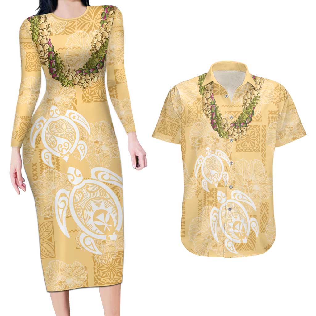 Aloha Honolulu Festival Couples Matching Long Sleeve Bodycon Dress and Hawaiian Shirt Hawaii Kapa Mix Flowers Lei