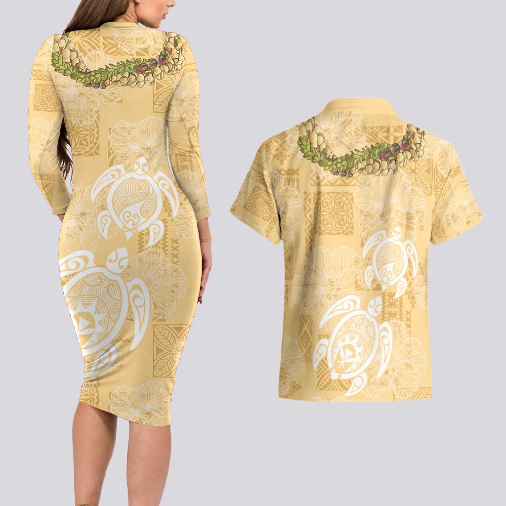 Aloha Honolulu Festival Couples Matching Long Sleeve Bodycon Dress and Hawaiian Shirt Hawaii Kapa Mix Flowers Lei