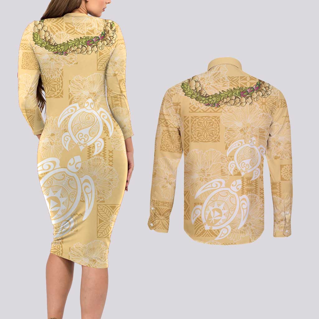 Aloha Honolulu Festival Couples Matching Long Sleeve Bodycon Dress and Long Sleeve Button Shirt Hawaii Kapa Mix Flowers Lei