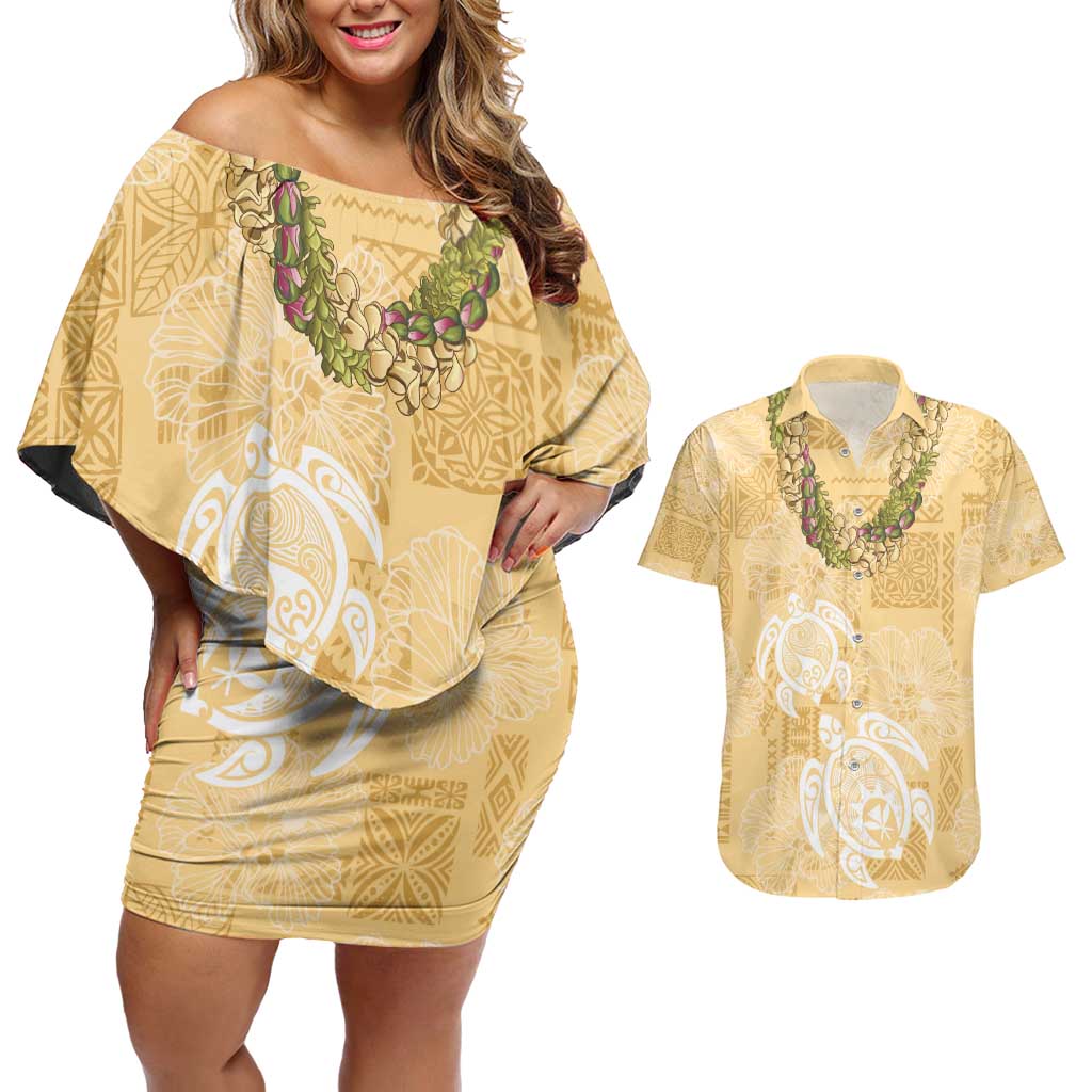 Aloha Honolulu Festival Couples Matching Off Shoulder Short Dress and Hawaiian Shirt Hawaii Kapa Mix Flowers Lei