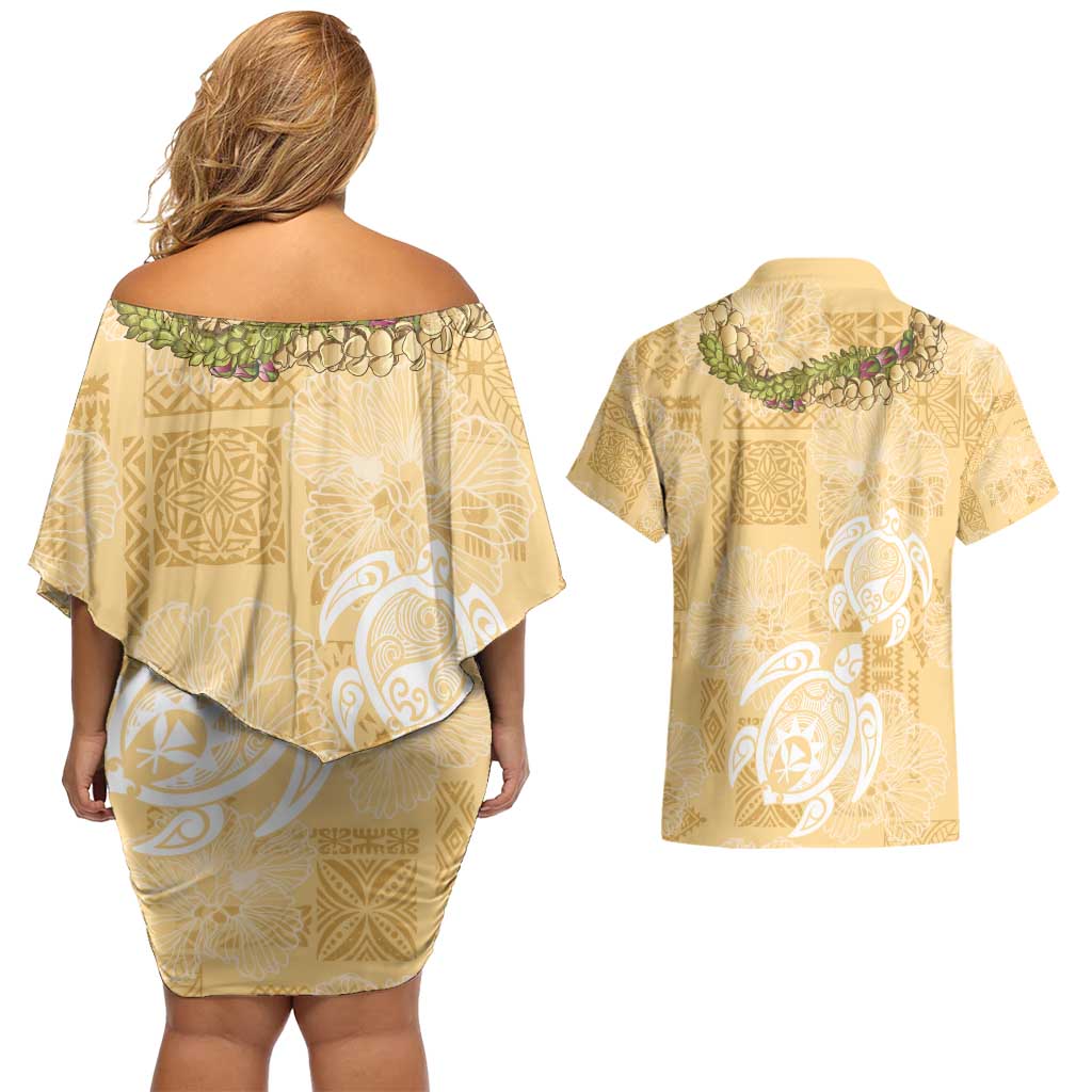 Aloha Honolulu Festival Couples Matching Off Shoulder Short Dress and Hawaiian Shirt Hawaii Kapa Mix Flowers Lei