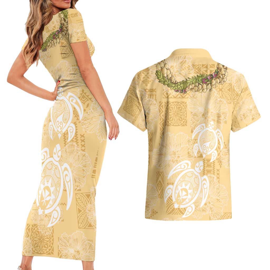 Aloha Honolulu Festival Couples Matching Short Sleeve Bodycon Dress and Hawaiian Shirt Hawaii Kapa Mix Flowers Lei