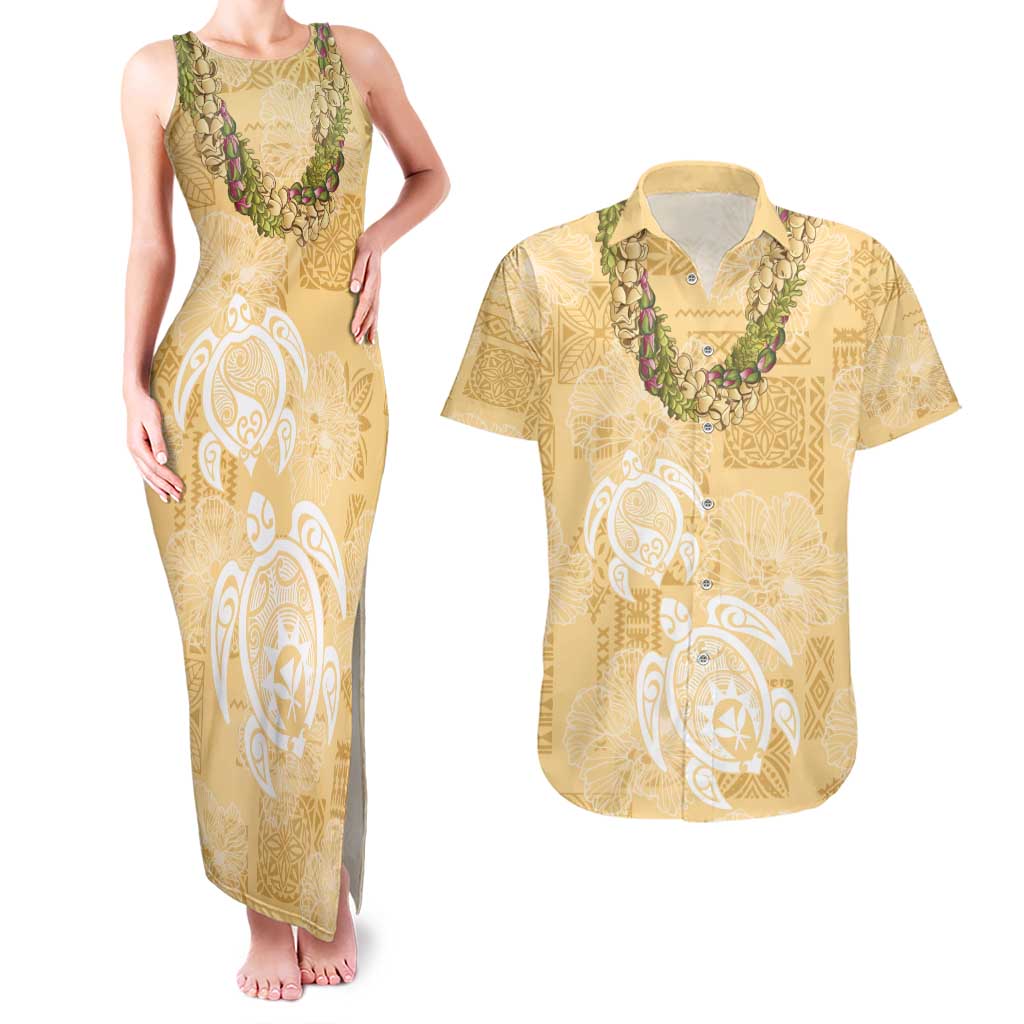 Aloha Honolulu Festival Couples Matching Tank Maxi Dress and Hawaiian Shirt Hawaii Kapa Mix Flowers Lei