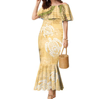 Aloha Honolulu Festival Family Matching Mermaid Dress and Hawaiian Shirt Hawaii Kapa Mix Flowers Lei LT7 Mom's Dress Yellow - Polynesian Pride