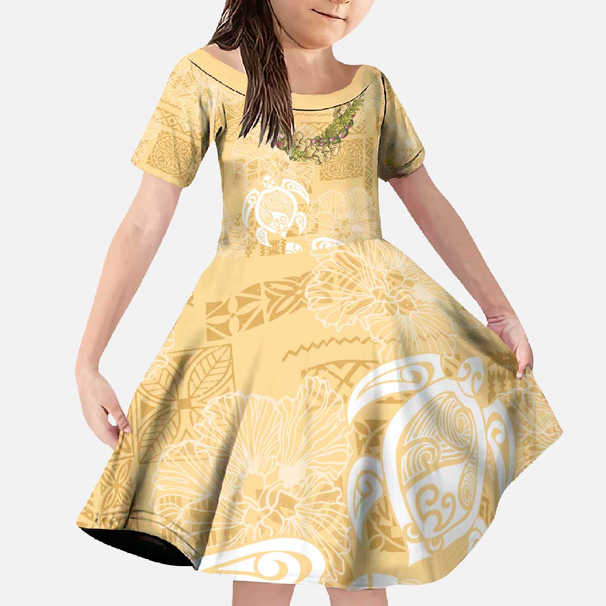 Aloha Honolulu Festival Family Matching Off The Shoulder Long Sleeve Dress and Hawaiian Shirt Hawaii Kapa Mix Flowers Lei