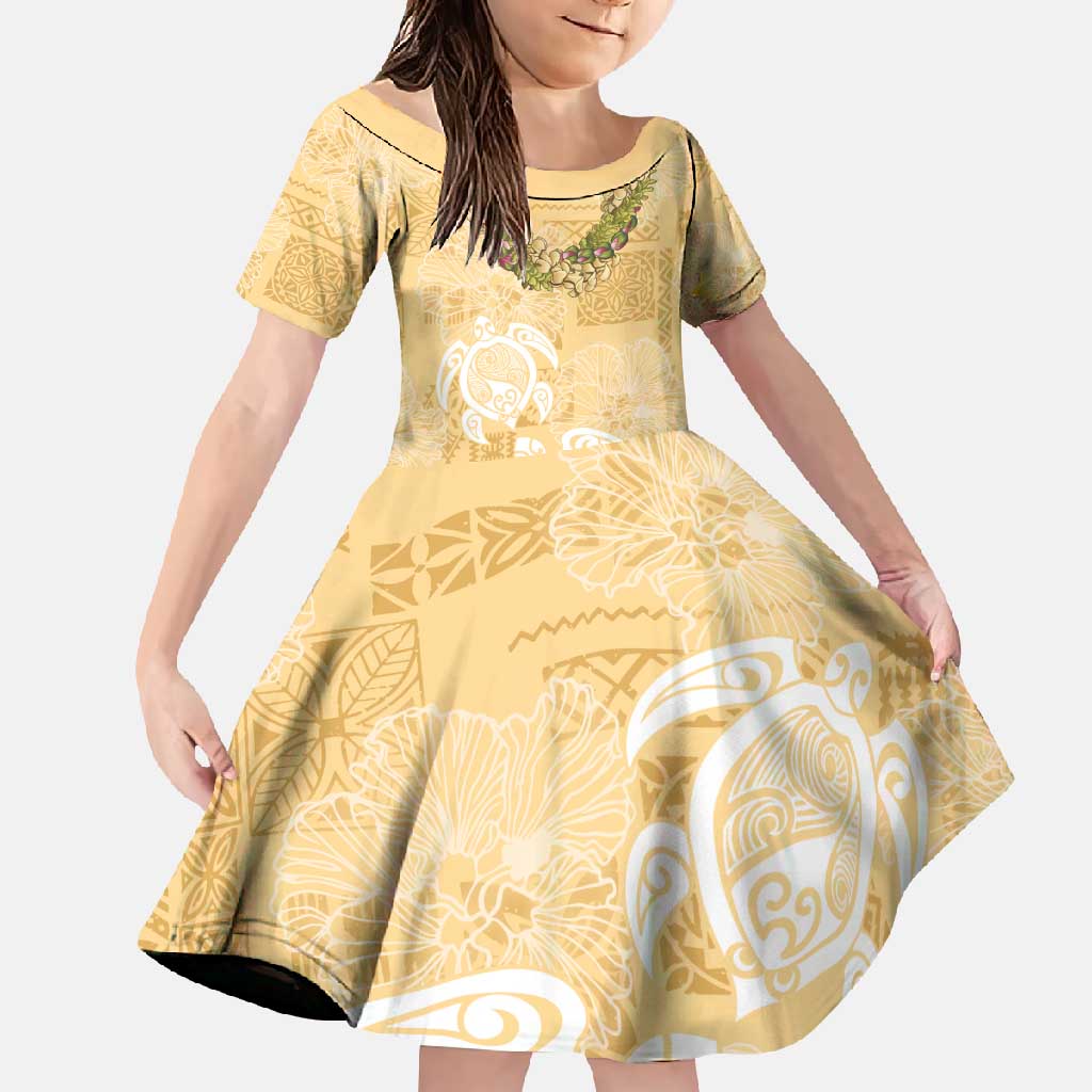 Aloha Honolulu Festival Family Matching Tank Maxi Dress and Hawaiian Shirt Hawaii Kapa Mix Flowers Lei LT7 Daughter's Dress Yellow - Polynesian Pride