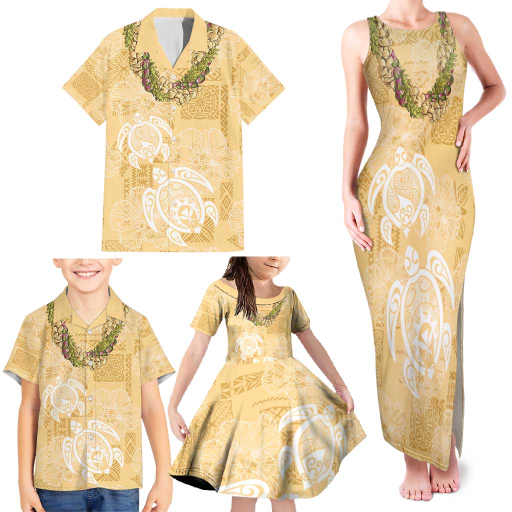 Aloha Honolulu Festival Family Matching Tank Maxi Dress and Hawaiian Shirt Hawaii Kapa Mix Flowers Lei