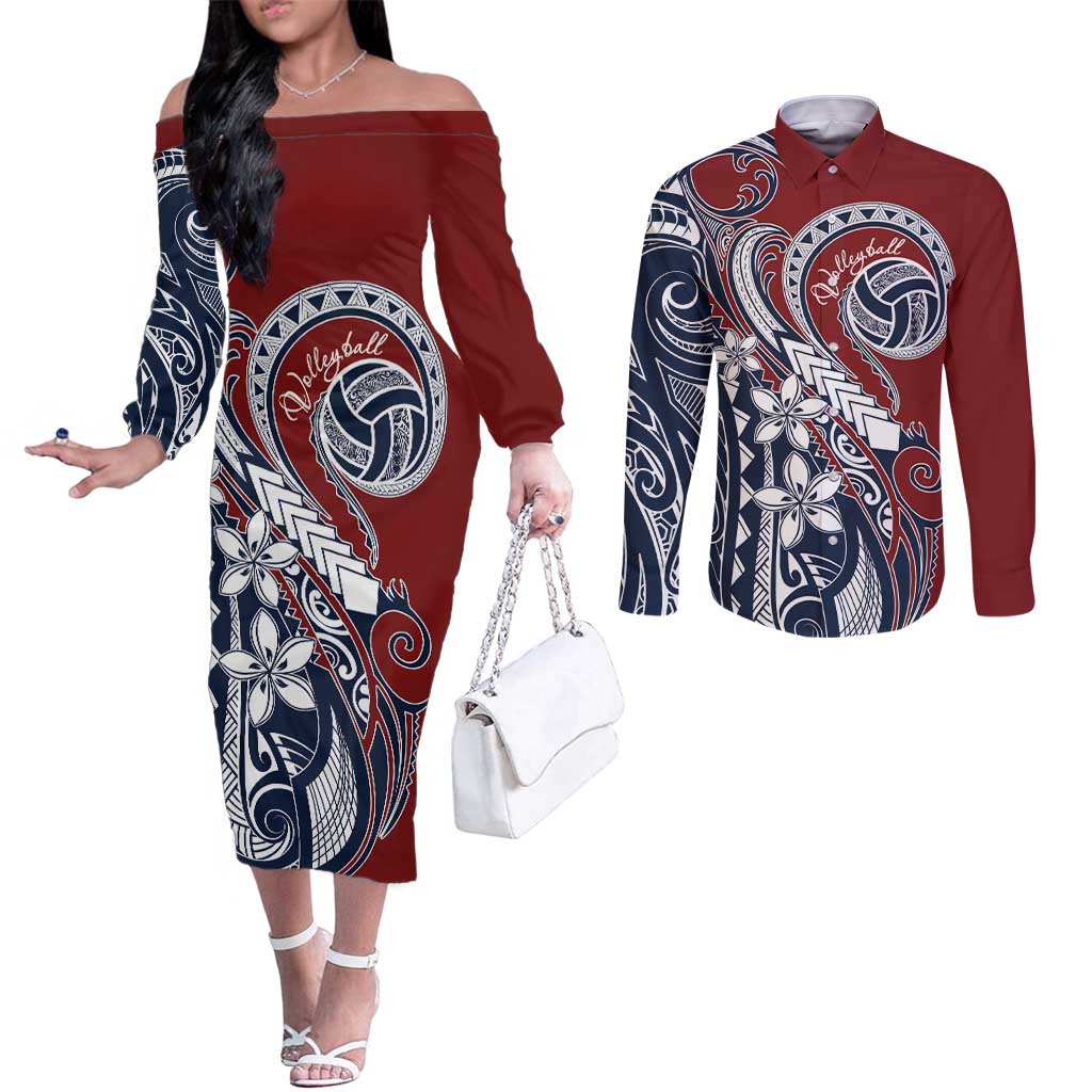Polynesia Beach Volleyball Personalized Couples Matching Off The Shoulder Long Sleeve Dress and Long Sleeve Button Shirt Special