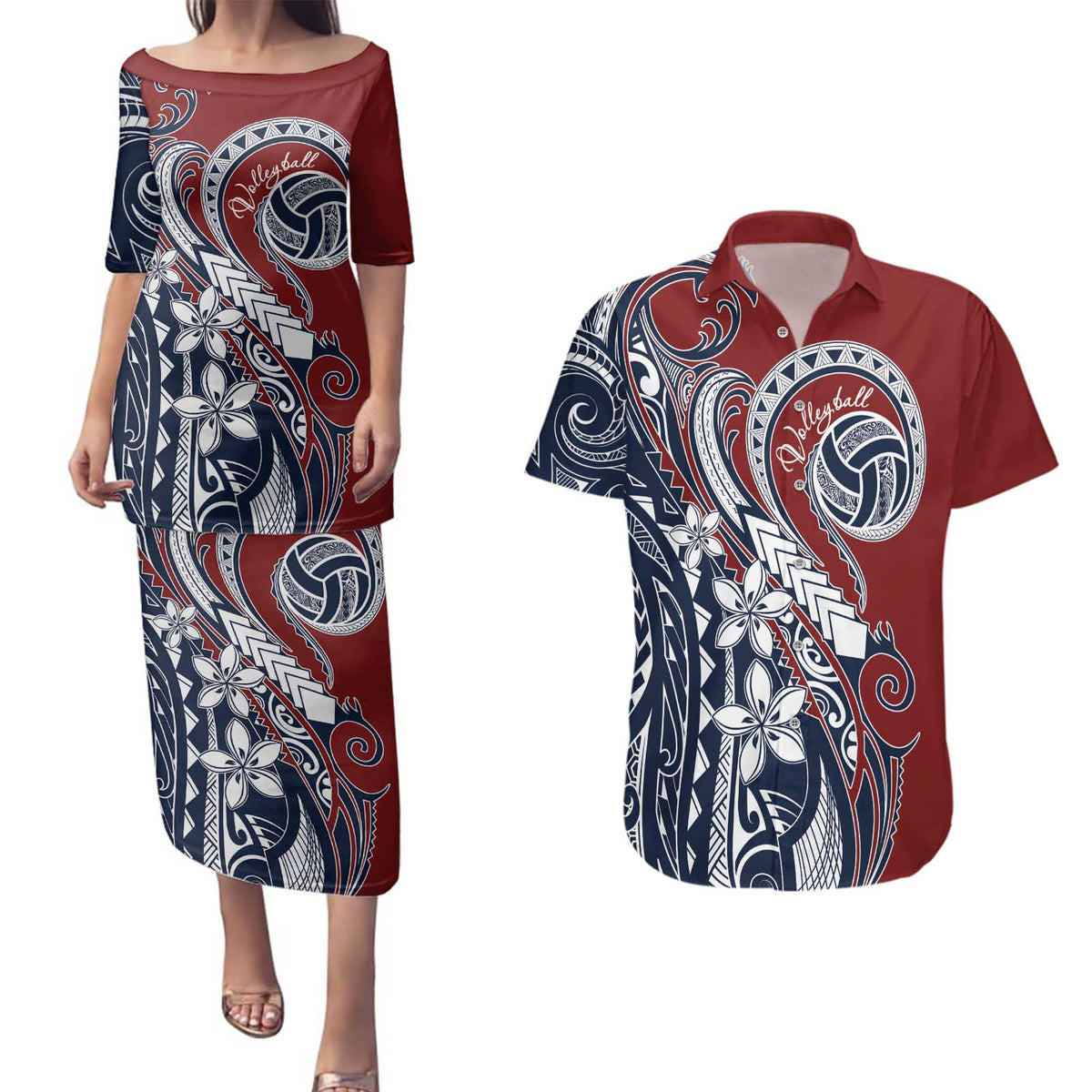 Polynesia Beach Volleyball Personalized Couples Matching Puletasi and Hawaiian Shirt Special