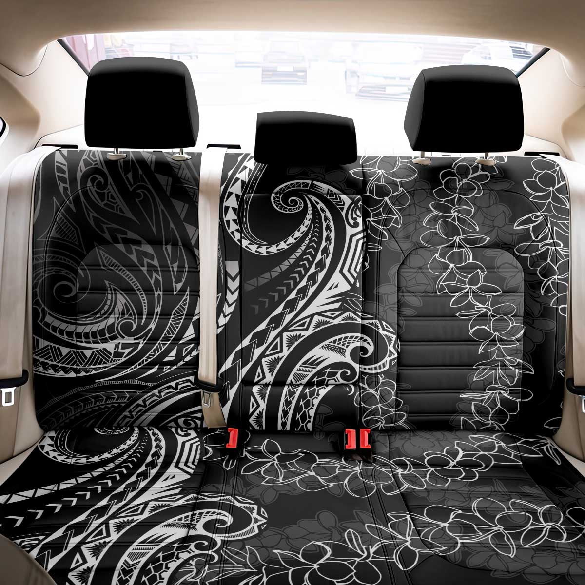 Polynesia Plumeria Lei Back Car Seat Cover Black Curves Motif