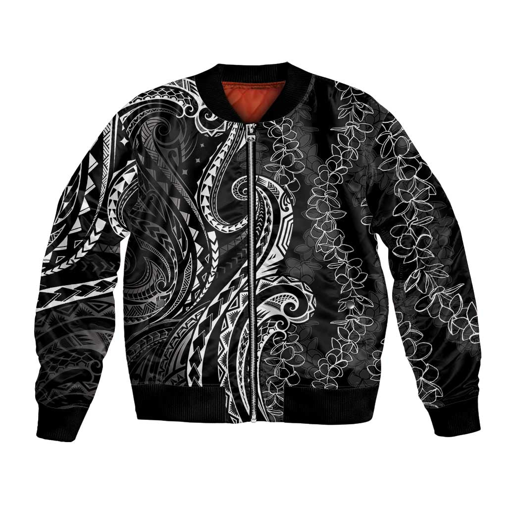 Polynesia Plumeria Lei Bomber Jacket Black Curves Motif LT7 Unisex Black - Polynesian Pride