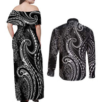 Polynesia Plumeria Lei Couples Matching Off Shoulder Maxi Dress and Long Sleeve Button Shirt Black Curves Motif