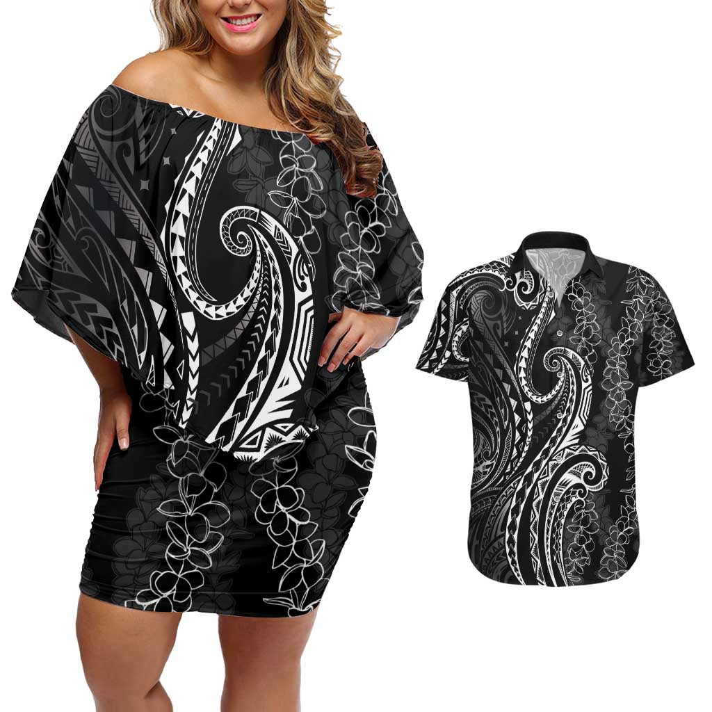 Polynesia Plumeria Lei Couples Matching Off Shoulder Short Dress and Hawaiian Shirt Black Curves Motif