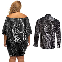 Polynesia Plumeria Lei Couples Matching Off Shoulder Short Dress and Long Sleeve Button Shirt Black Curves Motif