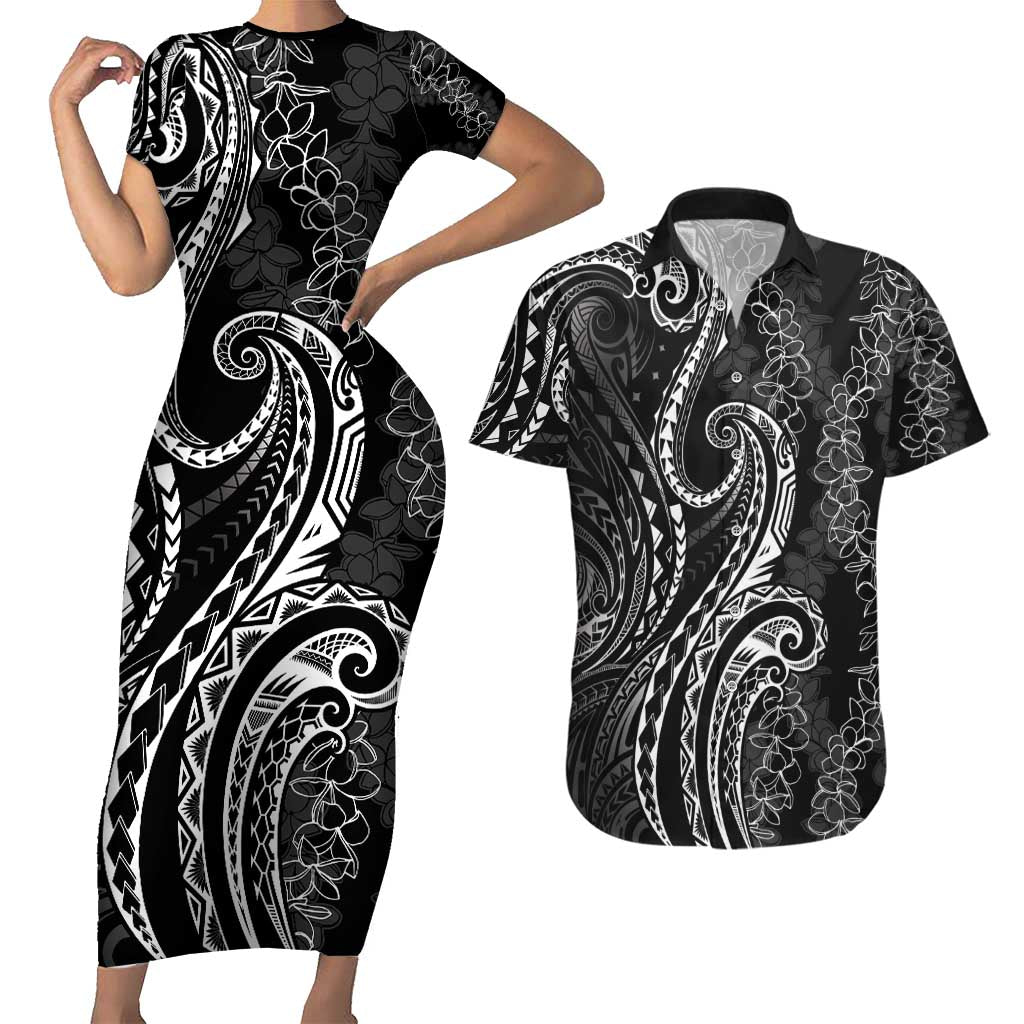 Polynesia Plumeria Lei Couples Matching Short Sleeve Bodycon Dress and Hawaiian Shirt Black Curves Motif