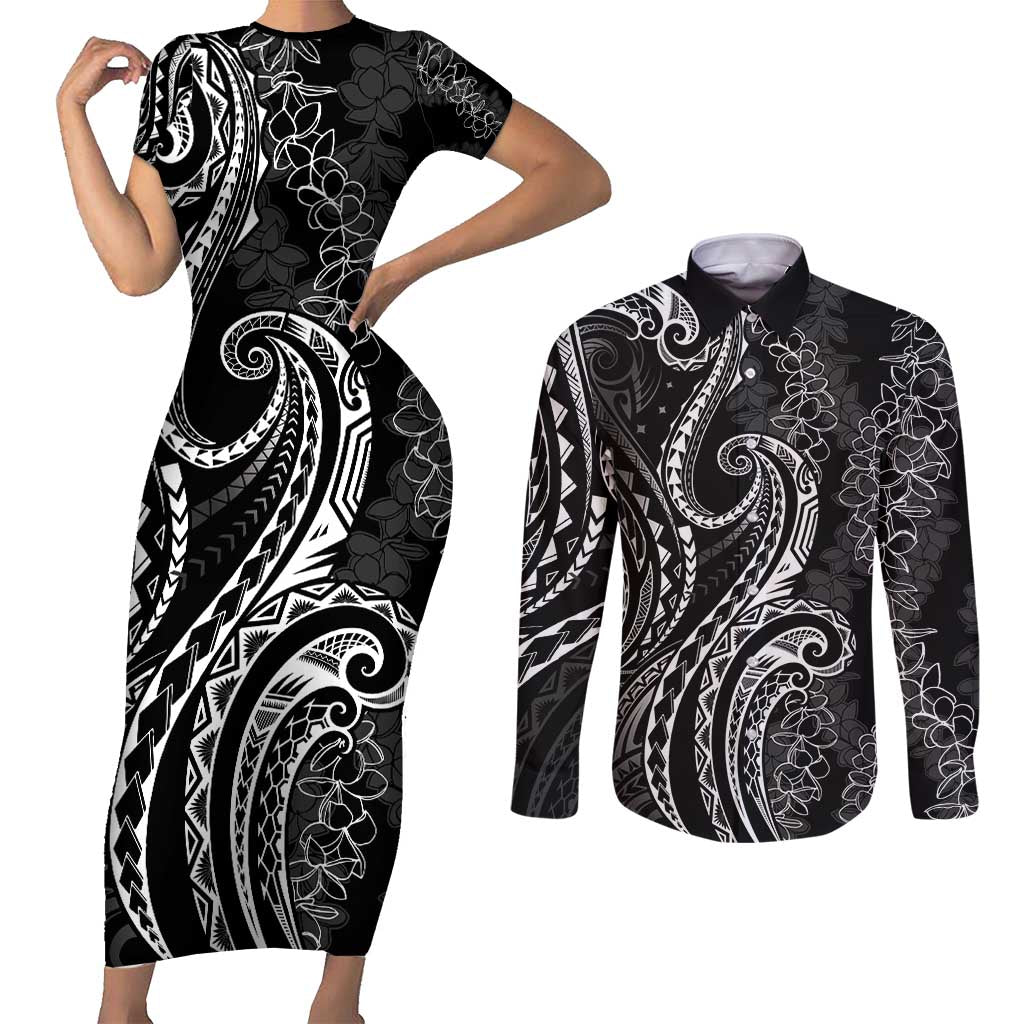 Polynesia Plumeria Lei Couples Matching Short Sleeve Bodycon Dress and Long Sleeve Button Shirt Black Curves Motif LT7 Black - Polynesian Pride