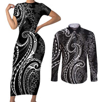 Polynesia Plumeria Lei Couples Matching Short Sleeve Bodycon Dress and Long Sleeve Button Shirt Black Curves Motif LT7 Black - Polynesian Pride