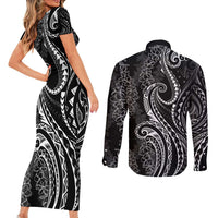 Polynesia Plumeria Lei Couples Matching Short Sleeve Bodycon Dress and Long Sleeve Button Shirt Black Curves Motif LT7 - Polynesian Pride