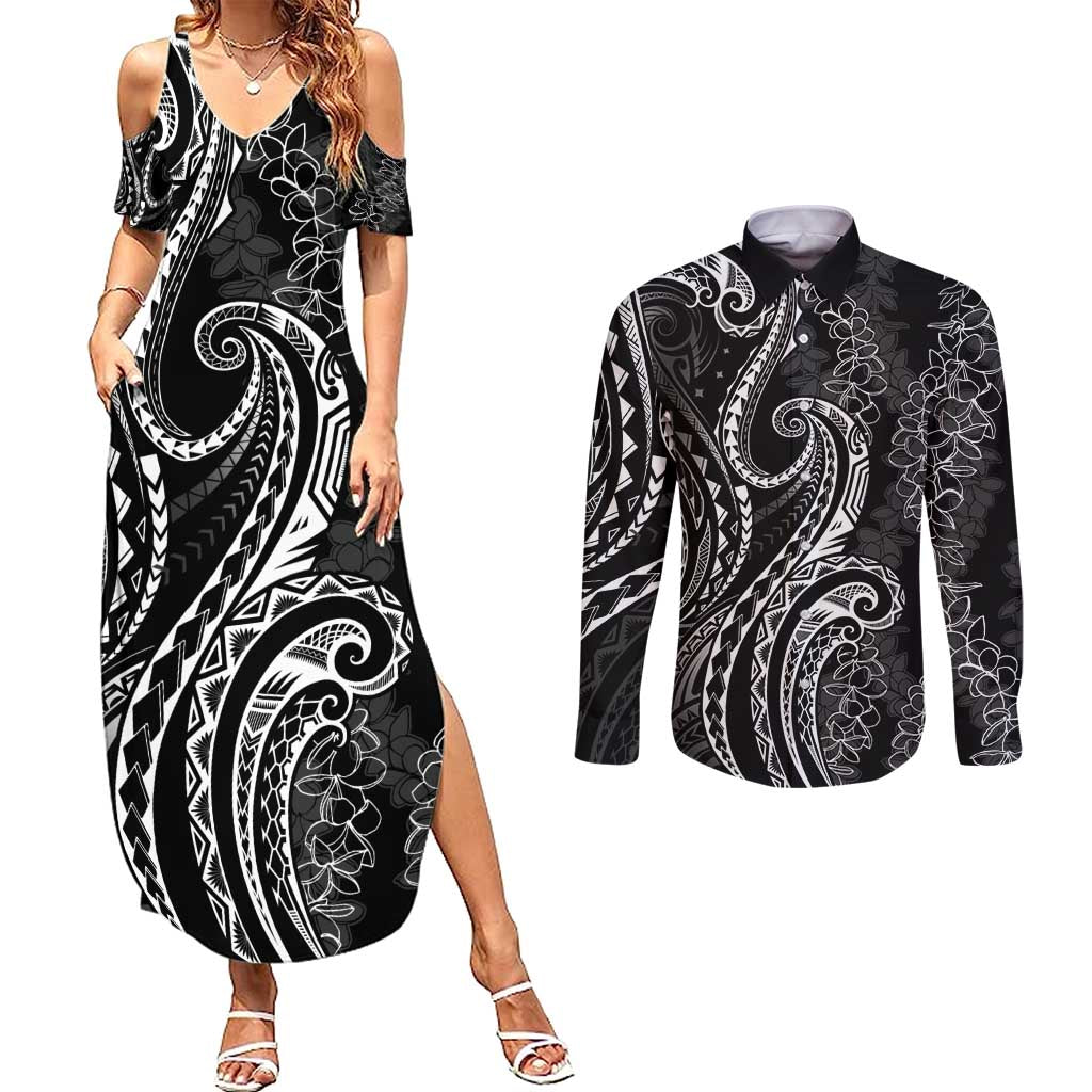 Polynesia Plumeria Lei Couples Matching Summer Maxi Dress and Long Sleeve Button Shirt Black Curves Motif