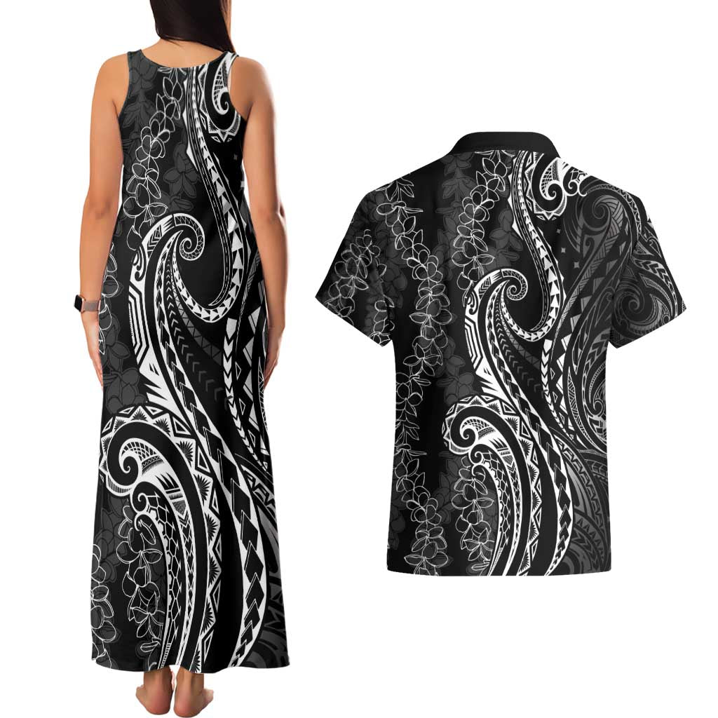 Polynesia Plumeria Lei Couples Matching Tank Maxi Dress and Hawaiian Shirt Black Curves Motif