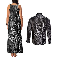 Polynesia Plumeria Lei Couples Matching Tank Maxi Dress and Long Sleeve Button Shirt Black Curves Motif