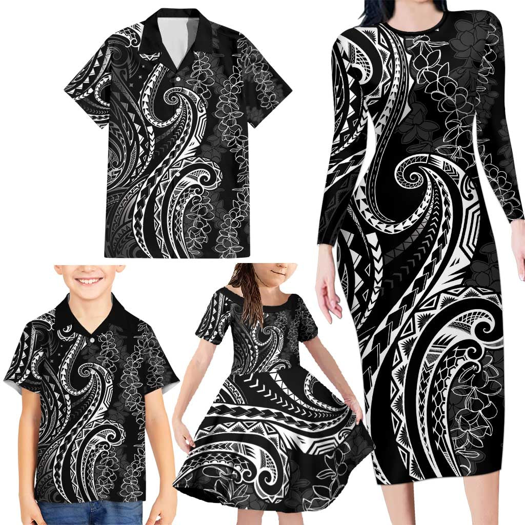 Polynesia Plumeria Lei Family Matching Long Sleeve Bodycon Dress and Hawaiian Shirt Black Curves Motif