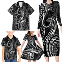 Polynesia Plumeria Lei Family Matching Long Sleeve Bodycon Dress and Hawaiian Shirt Black Curves Motif