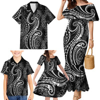 Polynesia Plumeria Lei Family Matching Mermaid Dress and Hawaiian Shirt Black Curves Motif