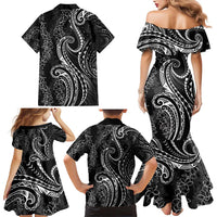 Polynesia Plumeria Lei Family Matching Mermaid Dress and Hawaiian Shirt Black Curves Motif