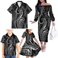 Polynesia Plumeria Lei Family Matching Off The Shoulder Long Sleeve Dress and Hawaiian Shirt Black Curves Motif