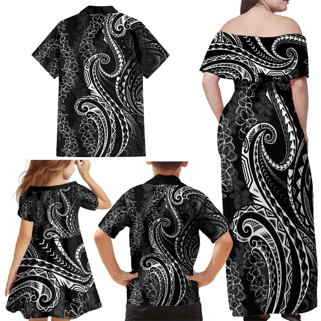 Polynesia Plumeria Lei Family Matching Off Shoulder Maxi Dress and Hawaiian Shirt Black Curves Motif