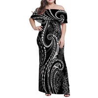 Polynesia Plumeria Lei Family Matching Off Shoulder Maxi Dress and Hawaiian Shirt Black Curves Motif