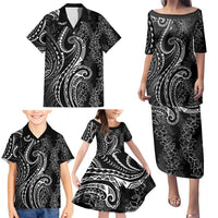 Polynesia Plumeria Lei Family Matching Puletasi and Hawaiian Shirt Black Curves Motif