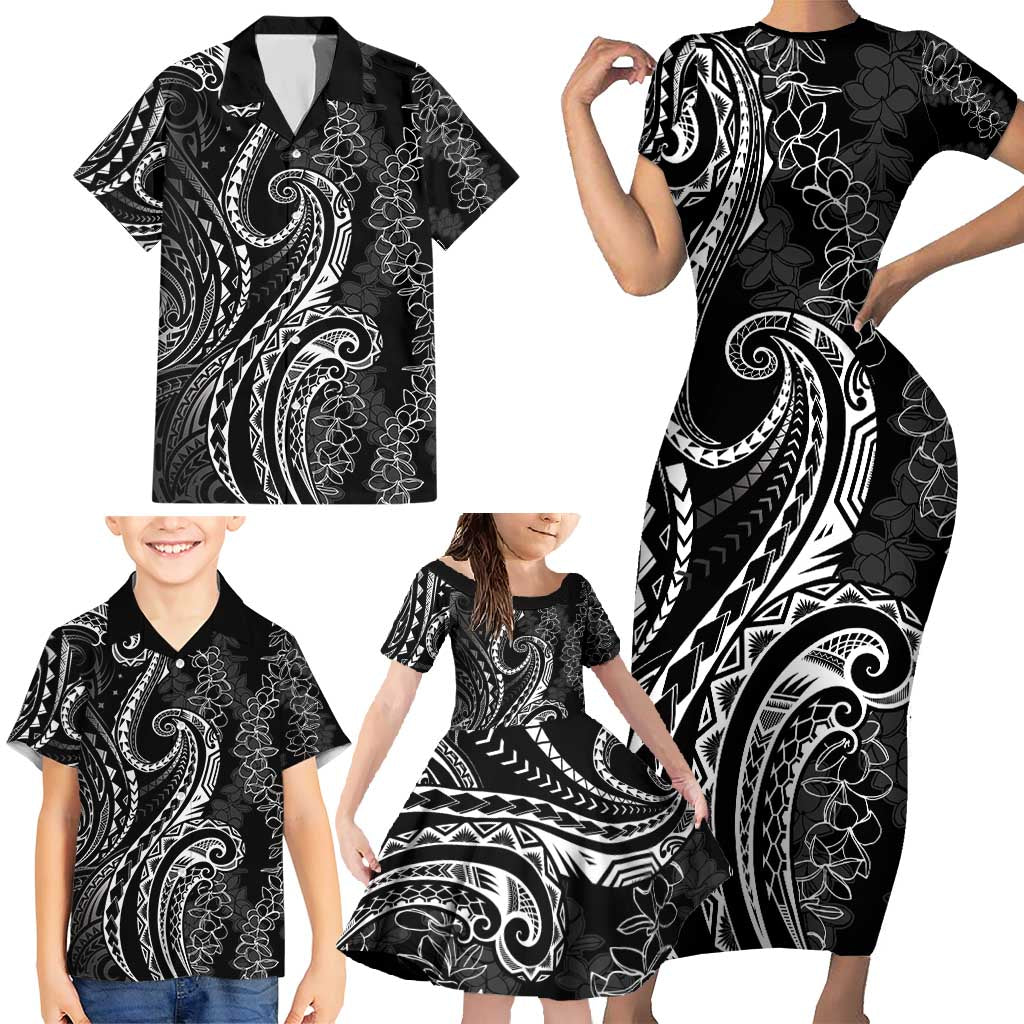 Polynesia Plumeria Lei Family Matching Short Sleeve Bodycon Dress and Hawaiian Shirt Black Curves Motif