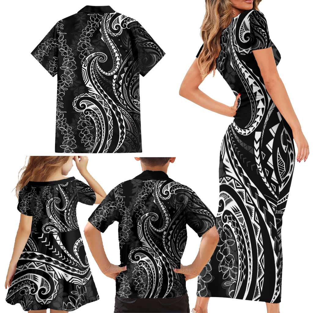 Polynesia Plumeria Lei Family Matching Short Sleeve Bodycon Dress and Hawaiian Shirt Black Curves Motif