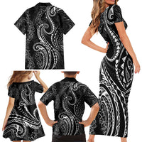 Polynesia Plumeria Lei Family Matching Short Sleeve Bodycon Dress and Hawaiian Shirt Black Curves Motif